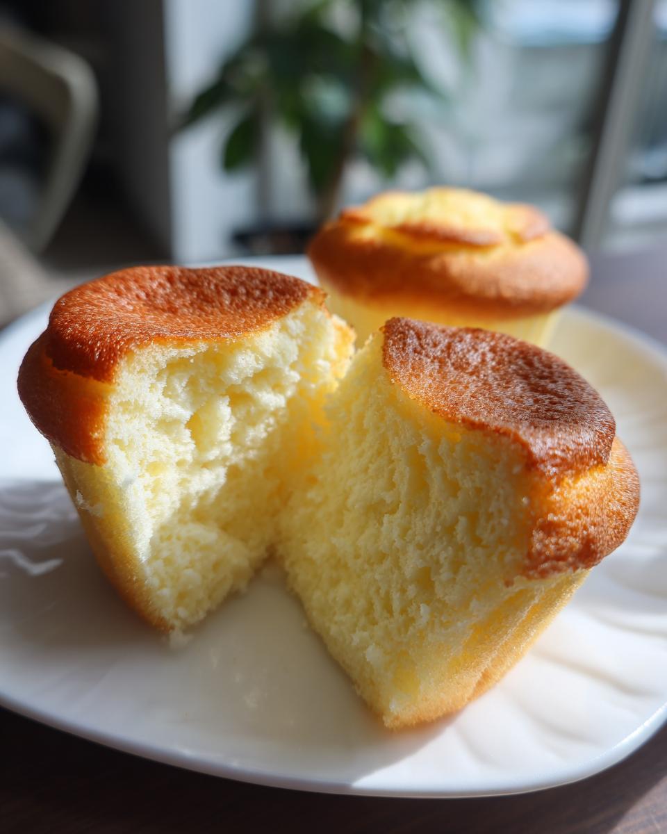 Close-up of a cut Japanese Cotton Cheesecake Cupcake, showing its soft and fluffy texture.