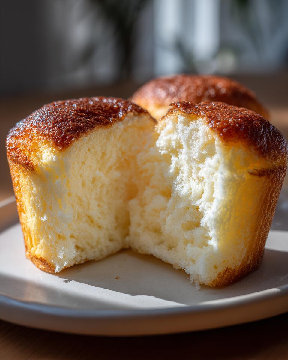 Close-up of a cut-open Japanese Cotton Cheesecake Cupcake, showing fluffy texture.