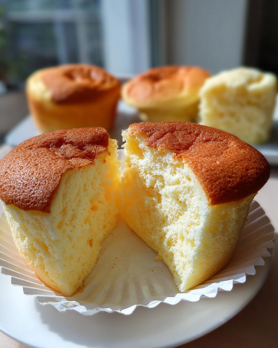 Close-up of a cut Japanese Cotton Cheesecake Cupcake, showing its soft, fluffy texture.