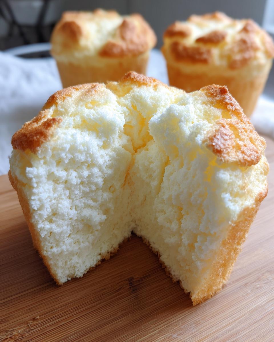 Close-up of a cut-open Japanese Cotton Cheesecake Cupcake, showing its soft and fluffy texture.