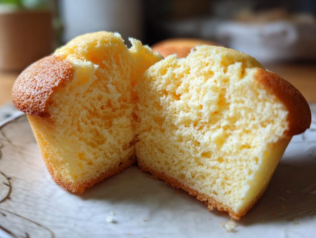 Close-up of a soft and fluffy Japanese Cotton Cheesecake Cupcake, cut open.
