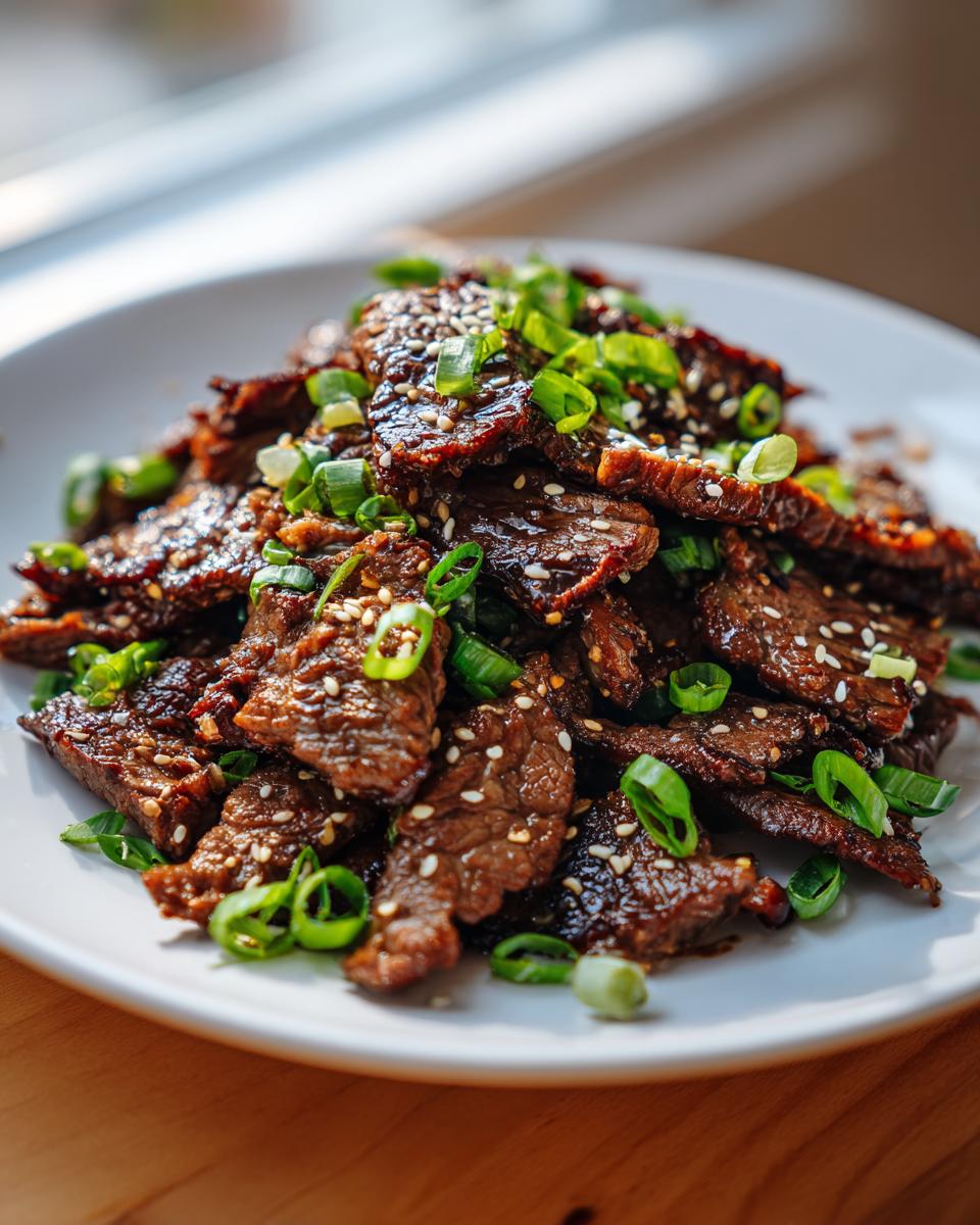 Close-up of Korean Beef Bulgogi, thinly sliced beef marinated and cooked, garnished with green onions and sesame seeds.