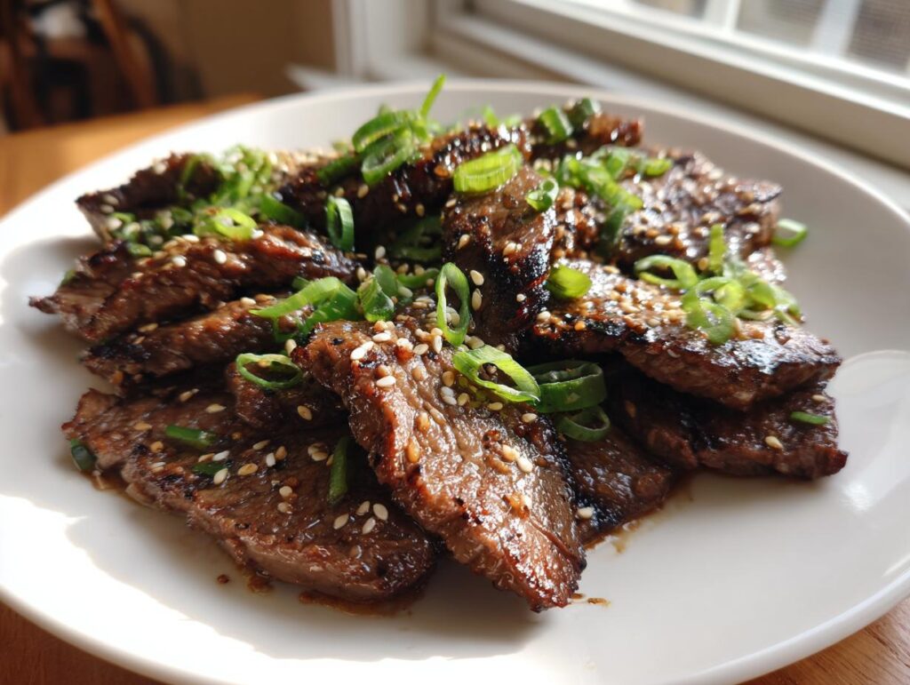 Close-up of Korean Beef Bulgogi, thinly sliced beef marinated and cooked, garnished with sesame seeds and green onions.
