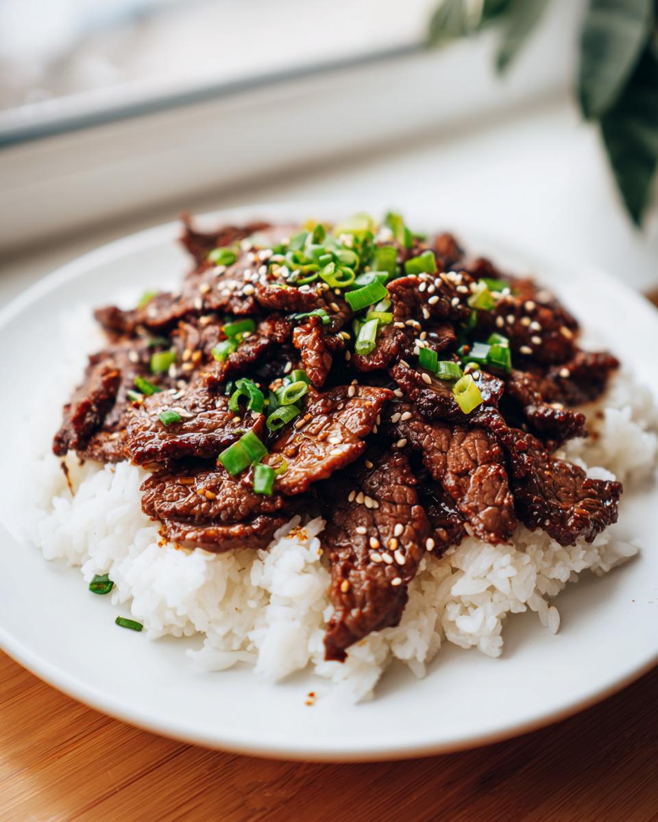 A plate of Korean Beef Bulgogi served over fluffy white rice, garnished with sesame seeds and green onions.