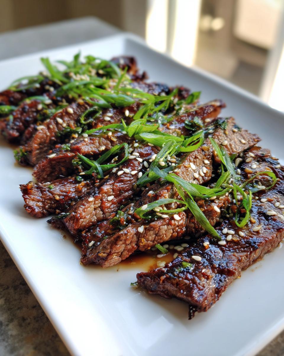 Close-up of Korean Beef Bulgogi slices on a white plate, garnished with green onions and sesame seeds.