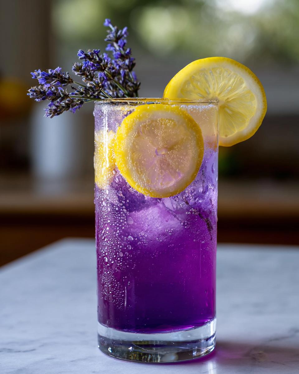 Close-up of a glass of Lavender Lemonade, garnished with lemon slices and lavender sprigs.
