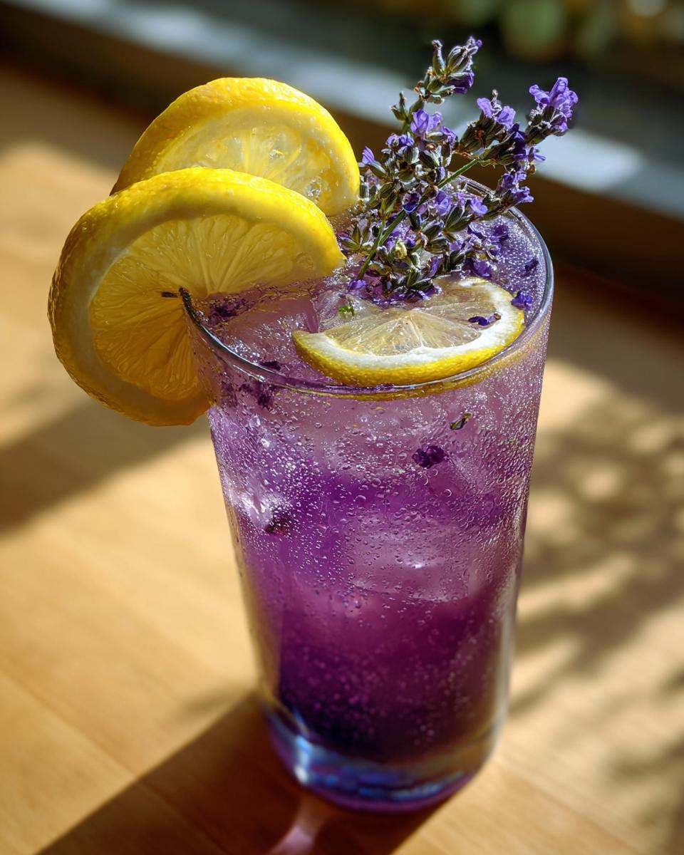 A tall glass of Lavender Lemonade garnished with lemon slices and lavender sprigs.
