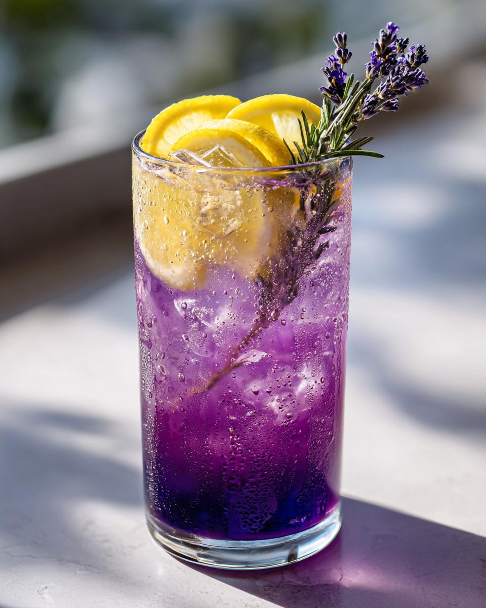 Glass of Lavender Lemonade with lemon slices and lavender sprig garnish.