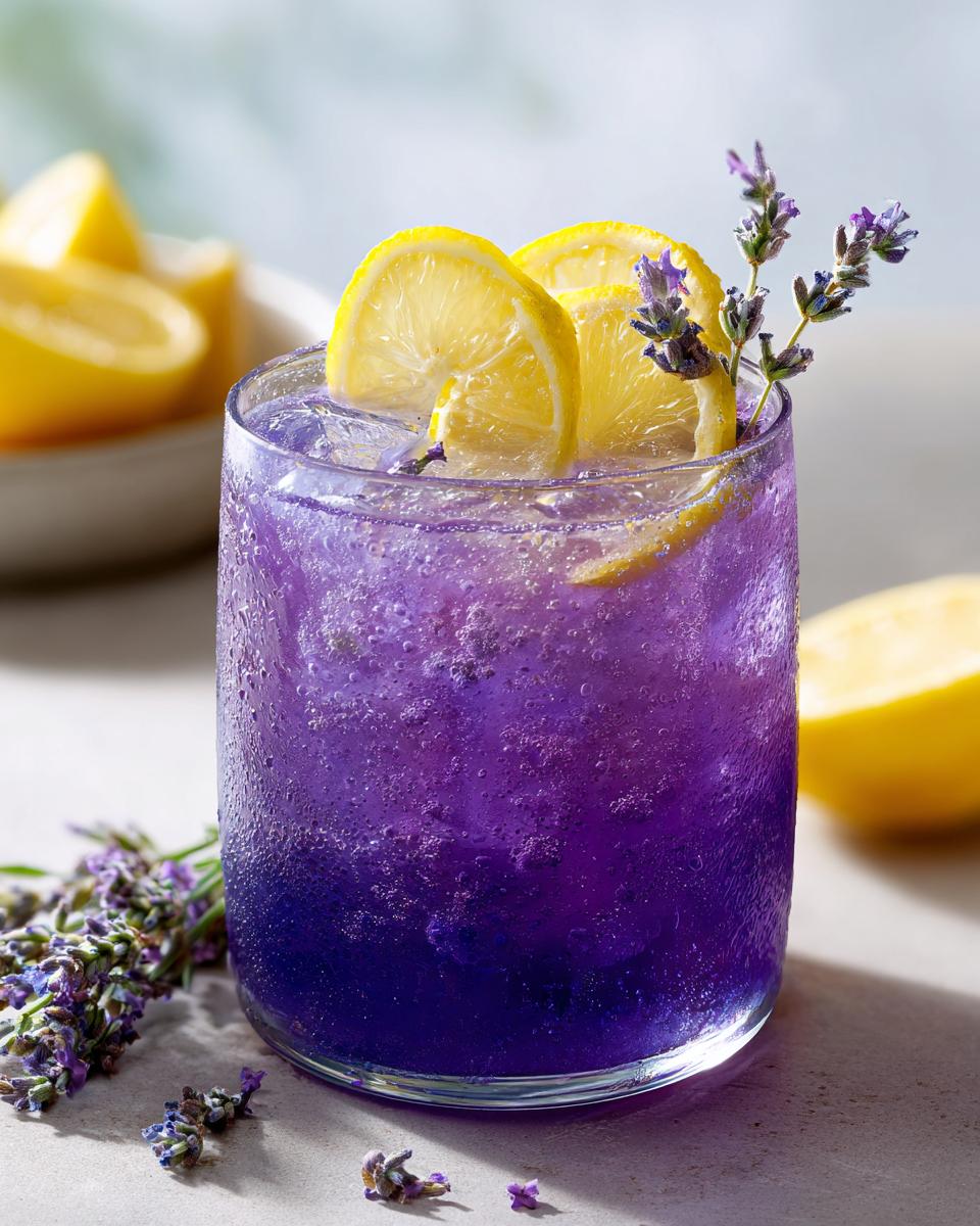Close-up of a vibrant Lavender Lemonade cocktail garnished with lemon slices and lavender sprigs.