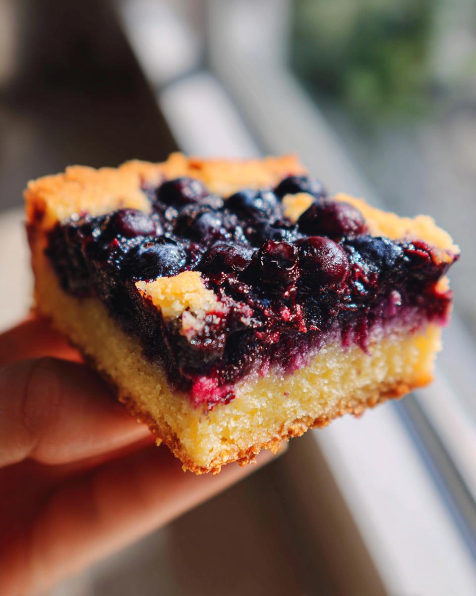 Close-up of a slice of Lemon Blueberry Bars, showing the layers of crust and blueberry filling.