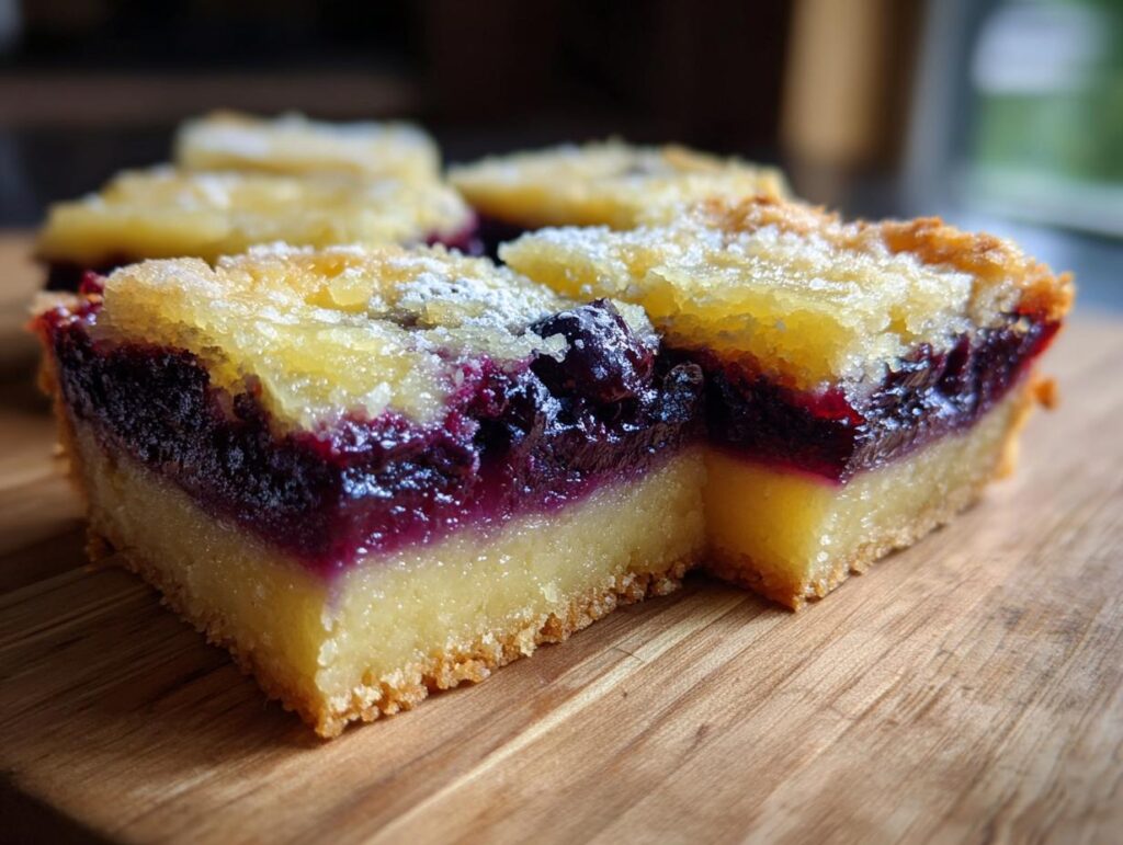 Close-up of a slice of Lemon Blueberry Bars on a wooden board, showing layers of crust, blueberry filling, and topping.