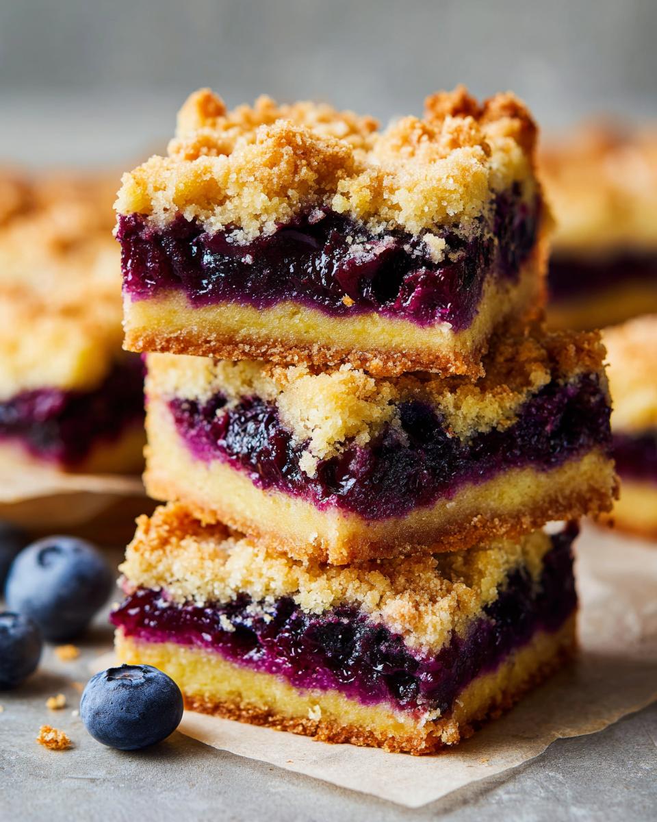 Stack of three Lemon Blueberry Bars with a blueberry filling and crumb topping.