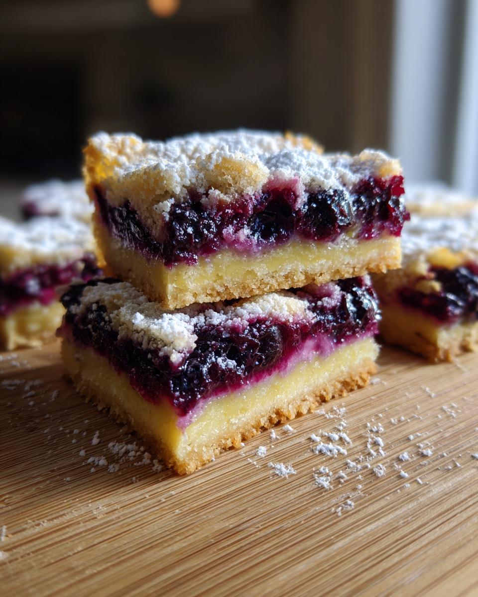 Close-up of stacked Lemon Blueberry Bars, showing the layers of crust, lemon filling, and blueberry topping.
