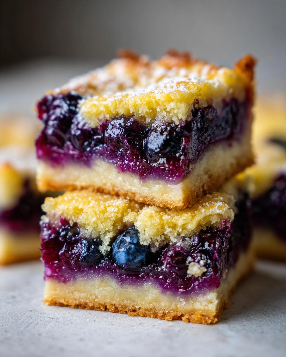 Close-up of stacked Lemon Blueberry Bars, showing the blueberry filling and crumb topping.