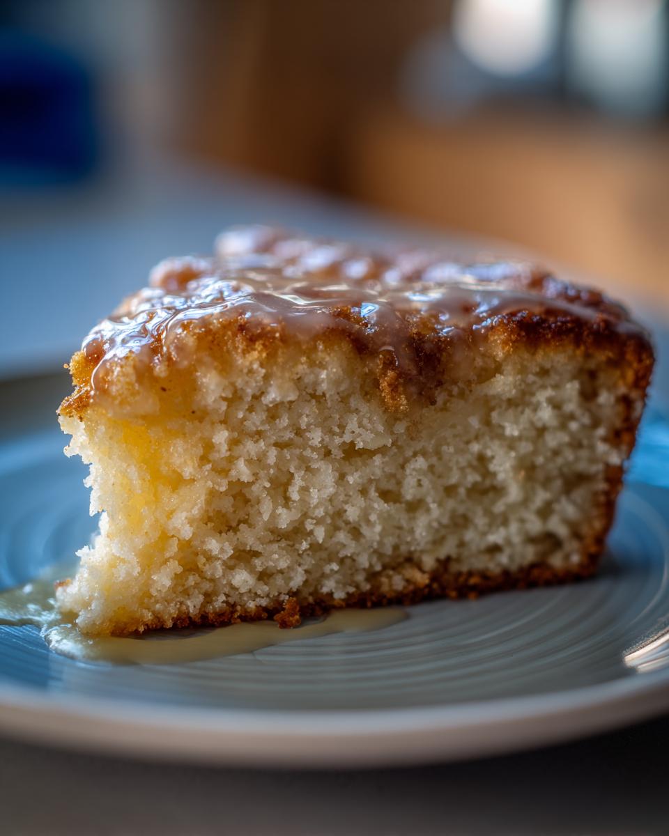 A slice of One-Bowl Lemon Drizzle Cake on a plate, drizzled with glaze.