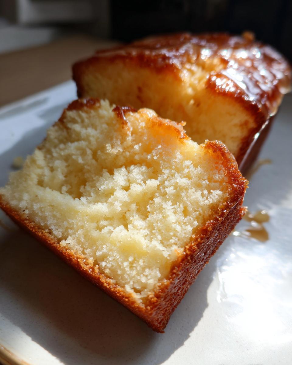 Close-up of a slice of One-Bowl Lemon Drizzle Cake with a glossy drizzle.