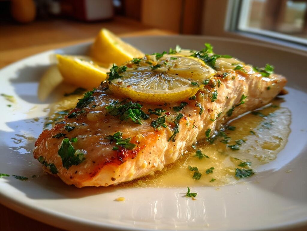 Close-up of a perfectly cooked Lemon Garlic Butter Salmon fillet with lemon slices and herbs.