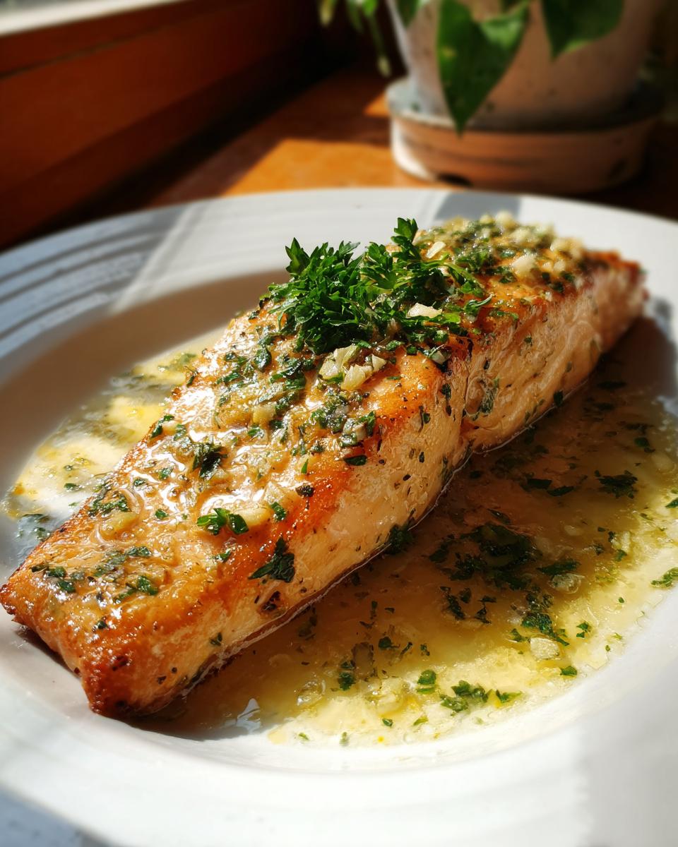 Close-up of pan-seared Lemon Garlic Butter Salmon on a white plate, garnished with parsley.