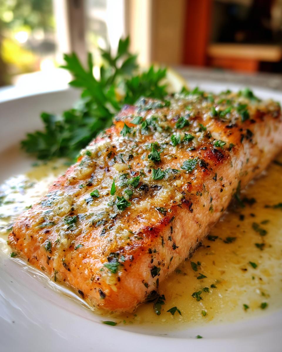 Close-up of Lemon Garlic Butter Salmon on a white plate, garnished with parsley.
