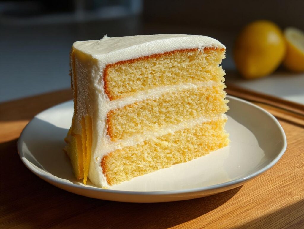 A slice of delicious Lemon Lavender Layer Cake on a white plate, showcasing the layers.