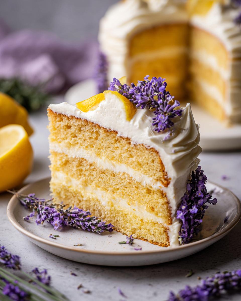 Close-up of a slice of Lemon Lavender Layer Cake on a plate, decorated with lavender and lemon.