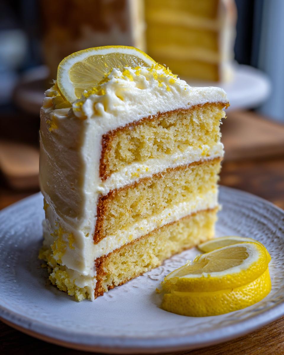 A slice of Lemon Lavender Layer Cake on a plate, garnished with lemon slices.