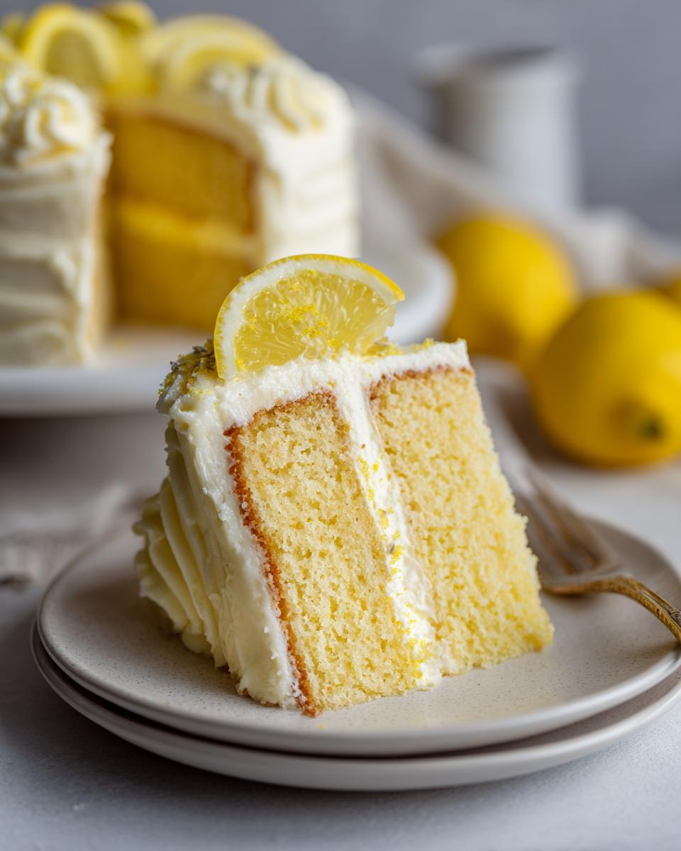 A slice of Lemon Lavender Layer Cake on a plate, topped with a lemon slice.