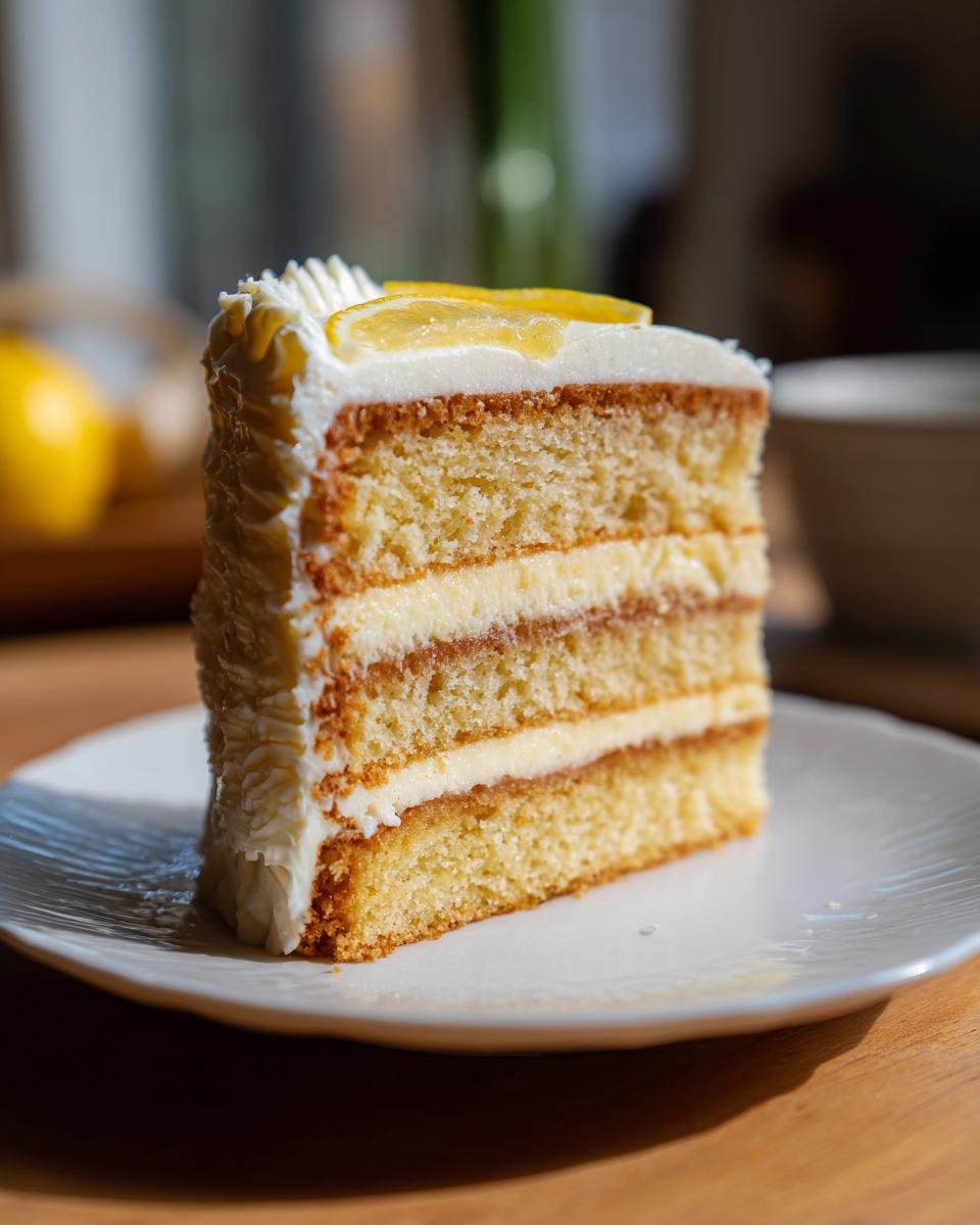 A slice of delicious Lemon Lavender Layer Cake on a white plate, showcasing the layers.