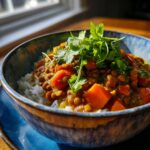 Bowl of flavorful lentil & vegetable curry served over rice, garnished with fresh cilantro.