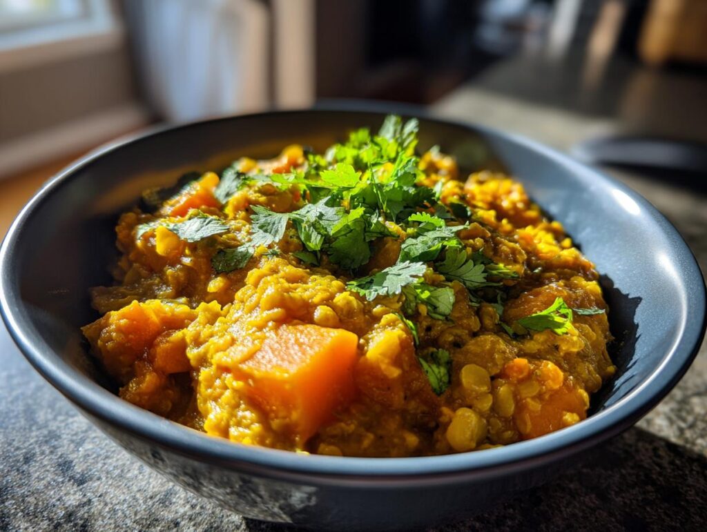 Close-up of a bowl of Lentil & Vegetable Curry garnished with fresh cilantro.