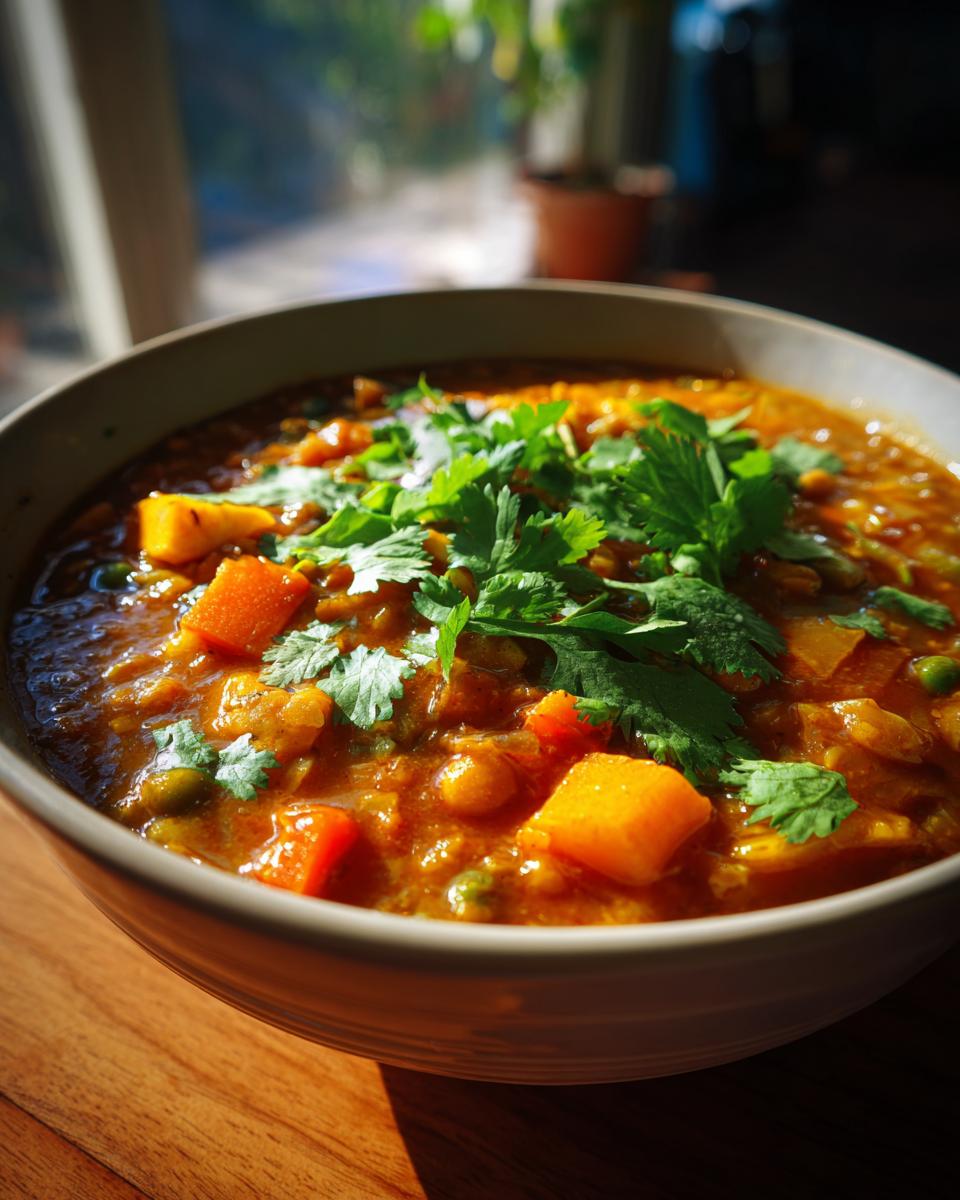 Close-up of a bowl of Lentil & Vegetable Curry, garnished with fresh cilantro, on a wooden surface.