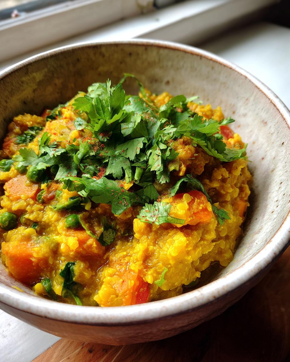 Close-up of a bowl of delicious Lentil & Vegetable Curry garnished with fresh cilantro.