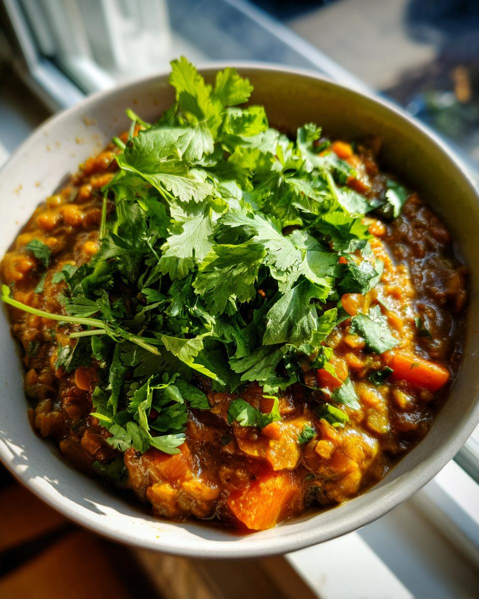 Close-up of a bowl of delicious Lentil & Vegetable Curry, garnished with fresh cilantro.