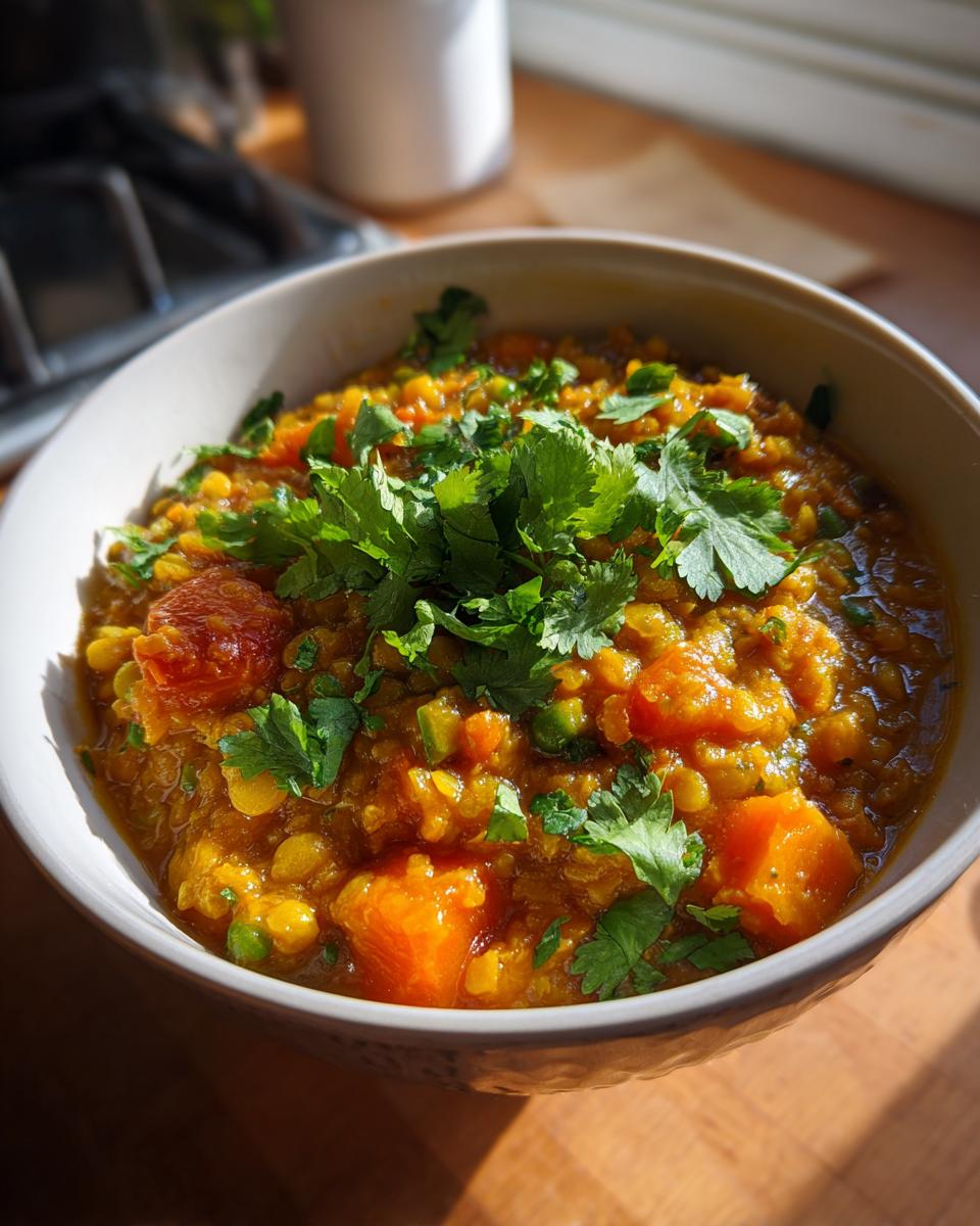 Close-up of a bowl filled with delicious Lentil & Vegetable Curry, garnished with fresh cilantro.