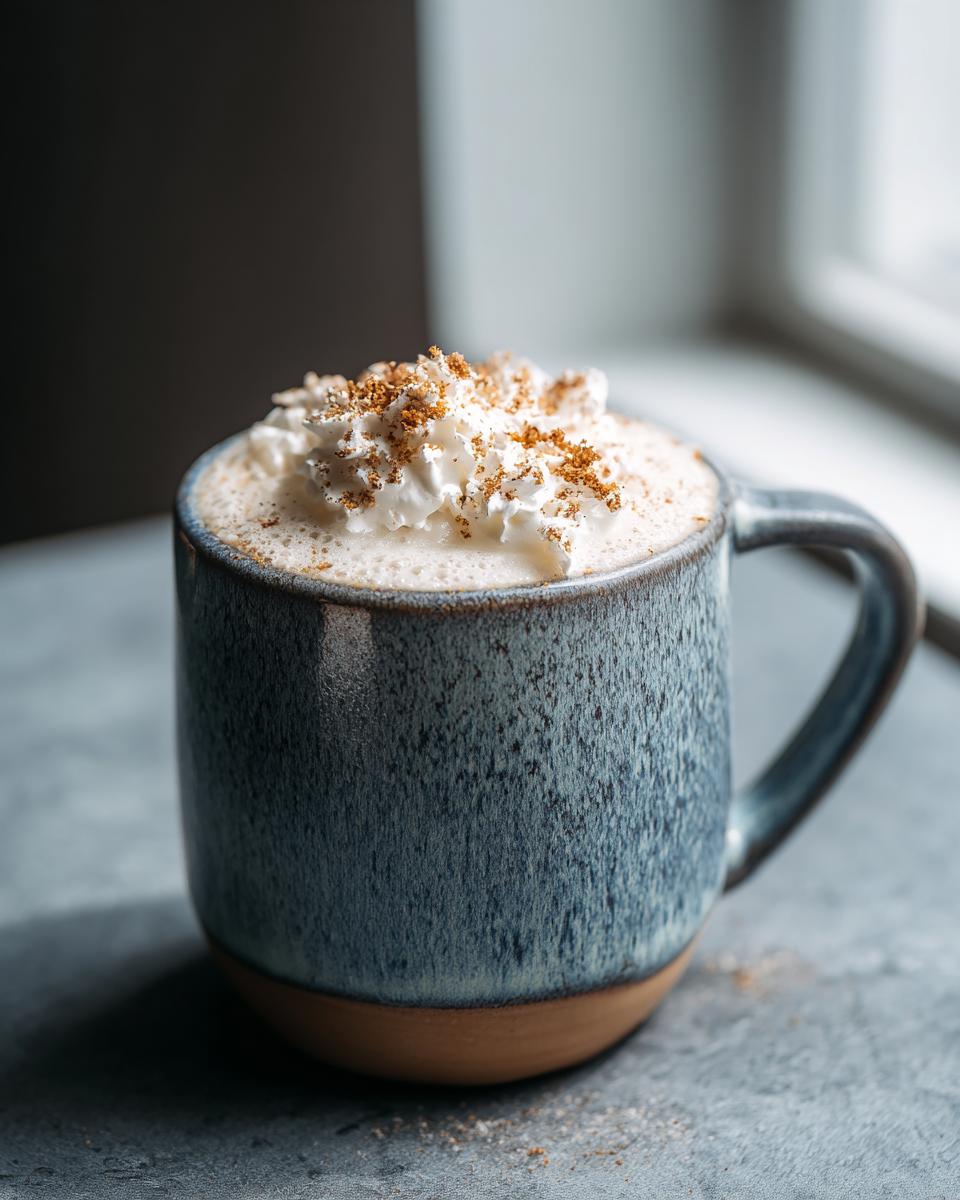 A cozy mug of London Fog (Earl Grey Latte) with whipped cream and spices.