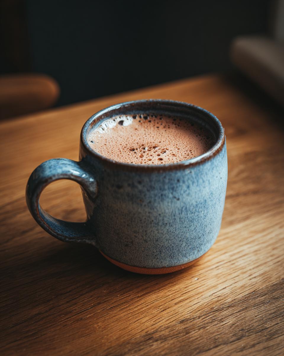A warm London Fog (Earl Grey Latte) in a blue ceramic mug on a wooden table.