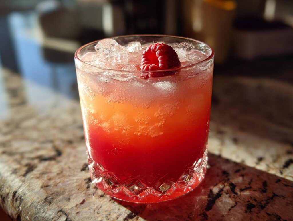 A refreshing Love Potion Cocktail in a glass, garnished with a raspberry and ice.