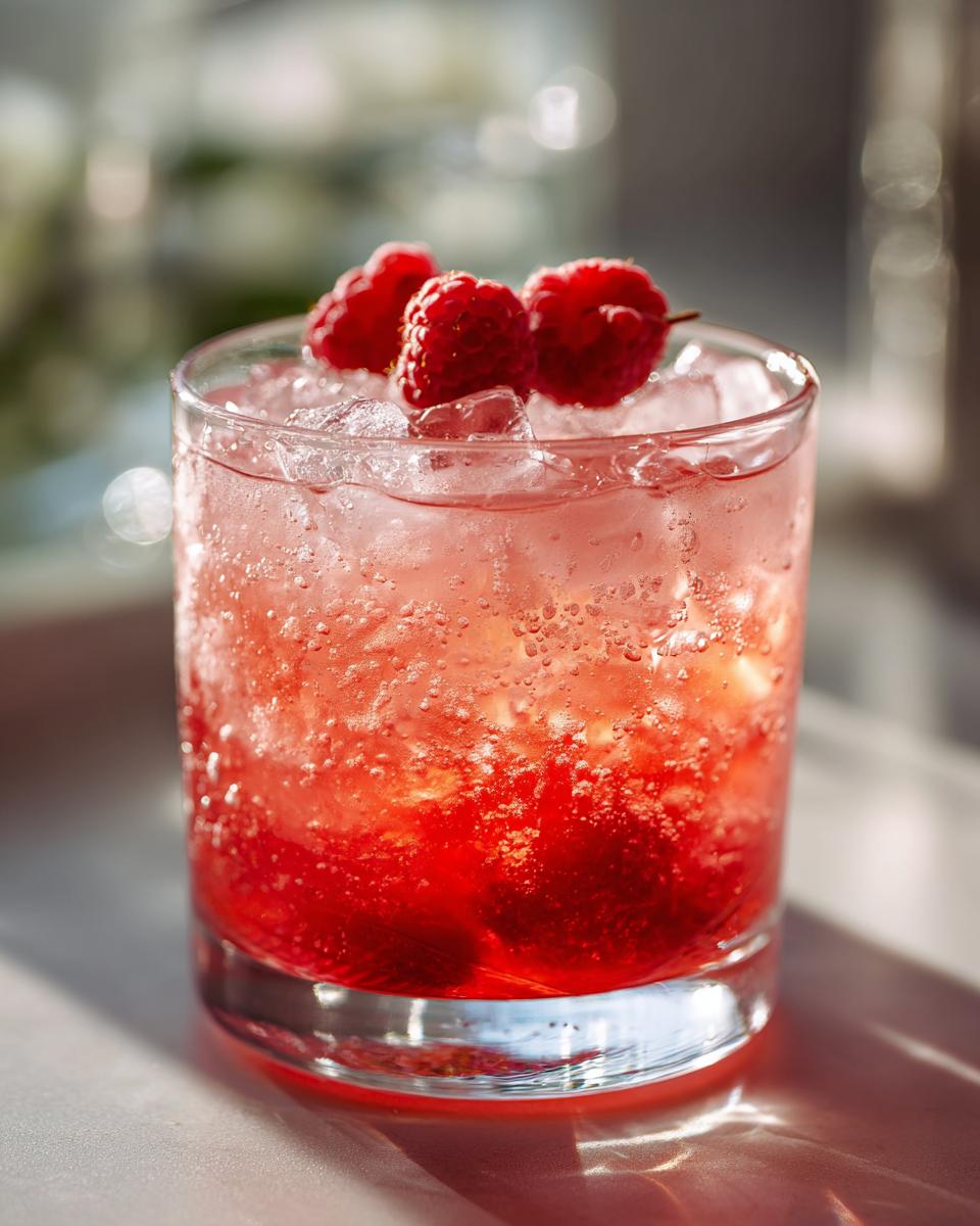 Close-up of a vibrant love potion cocktail in a glass, garnished with fresh raspberries and ice.