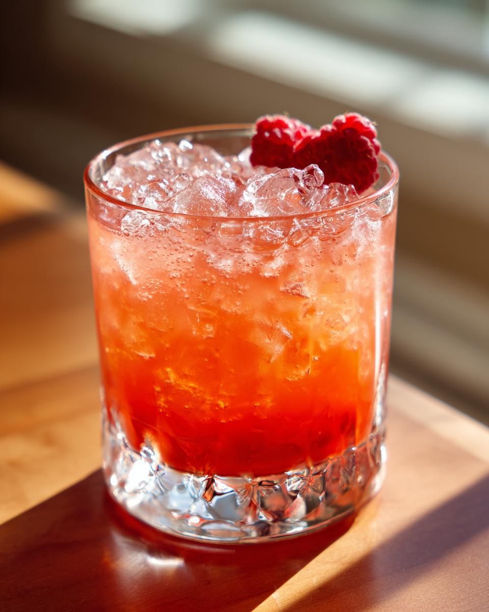 A vibrant love potion cocktail in a glass, garnished with fresh raspberries and ice.