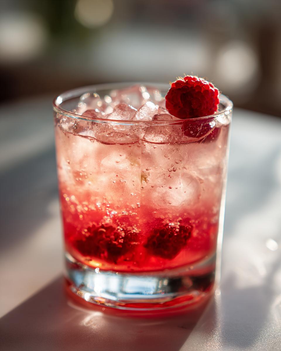 Close-up of a vibrant love potion cocktail with raspberries and ice in a glass.