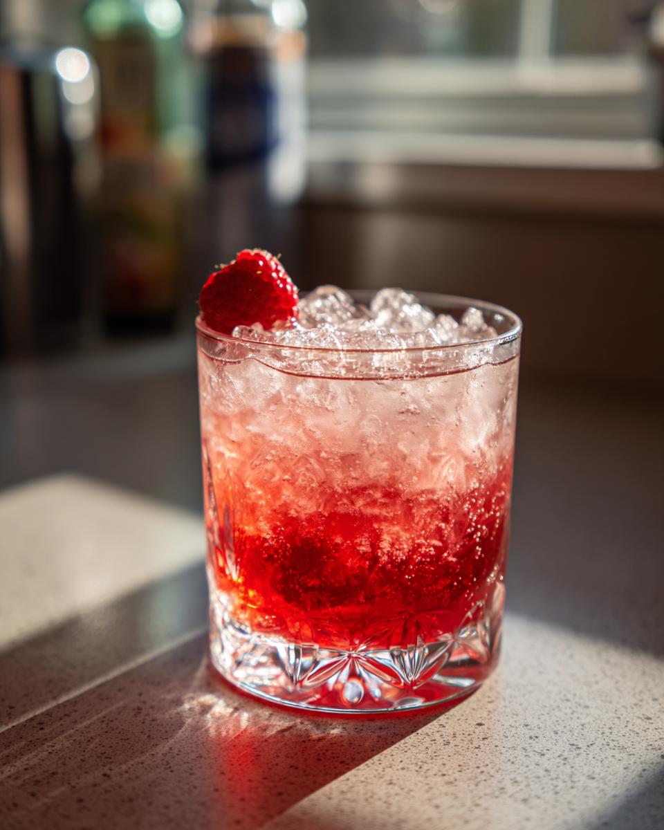 A vibrant Love Potion Cocktail in a glass, garnished with a strawberry and ice.