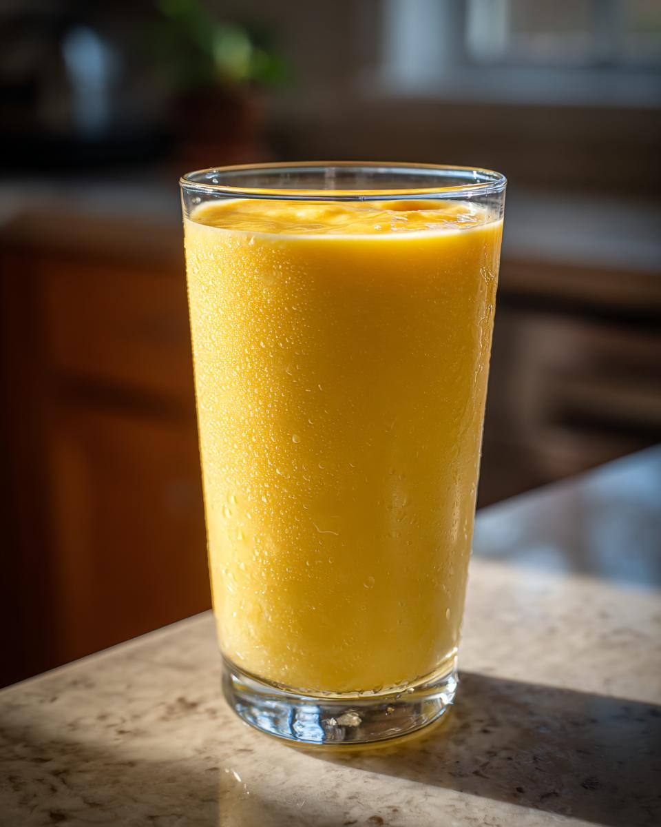 Tall glass filled with creamy, cold Mango Lassi, a refreshing Indian drink.