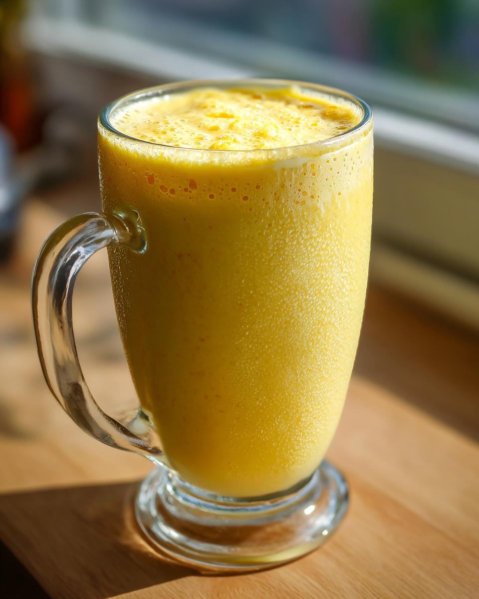 A tall glass filled with creamy Mango Lassi, a refreshing Indian drink.