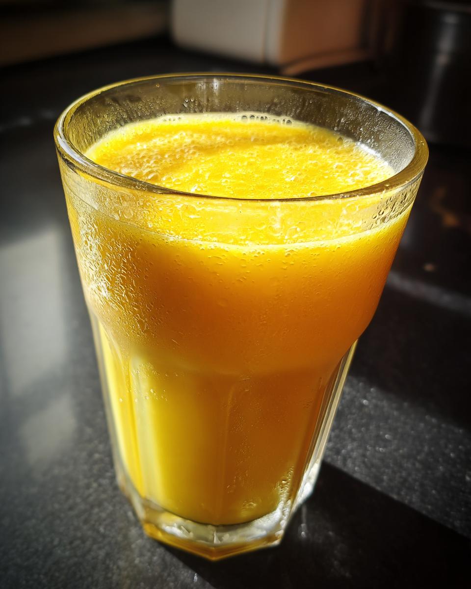 A tall glass filled with creamy Mango Lassi, a refreshing Indian drink.