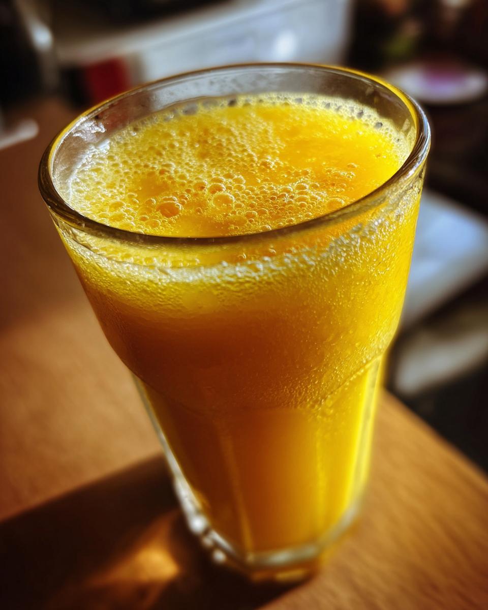 Close-up of a glass of creamy Mango Lassi, a refreshing Indian drink.