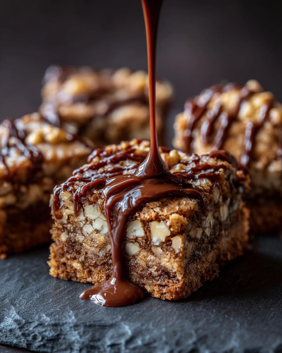 Close-up of Maple Walnut Blondies with chocolate drizzle, a delicious dessert.