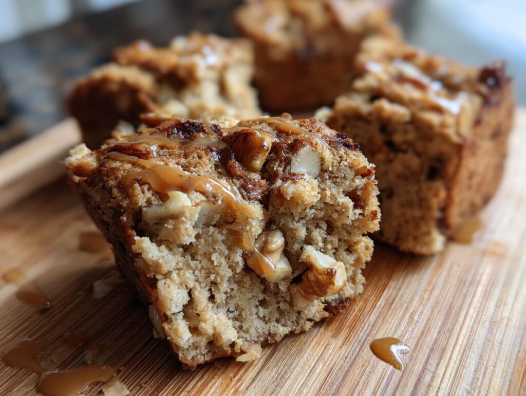 Close-up of a Maple Walnut Blondie with walnuts and drizzled maple syrup.