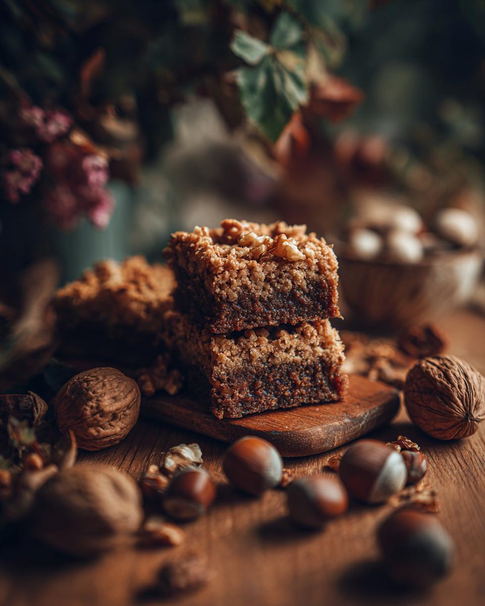 Close-up of stacked Maple Walnut Blondies with walnuts and hazelnuts on a wooden surface.