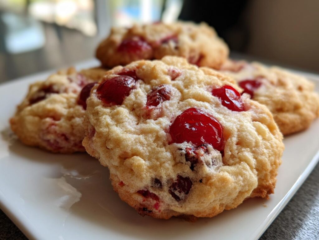 Close-up of freshly baked homemade Maraschino Cherry Cookies on a white plate, showing the cherries.