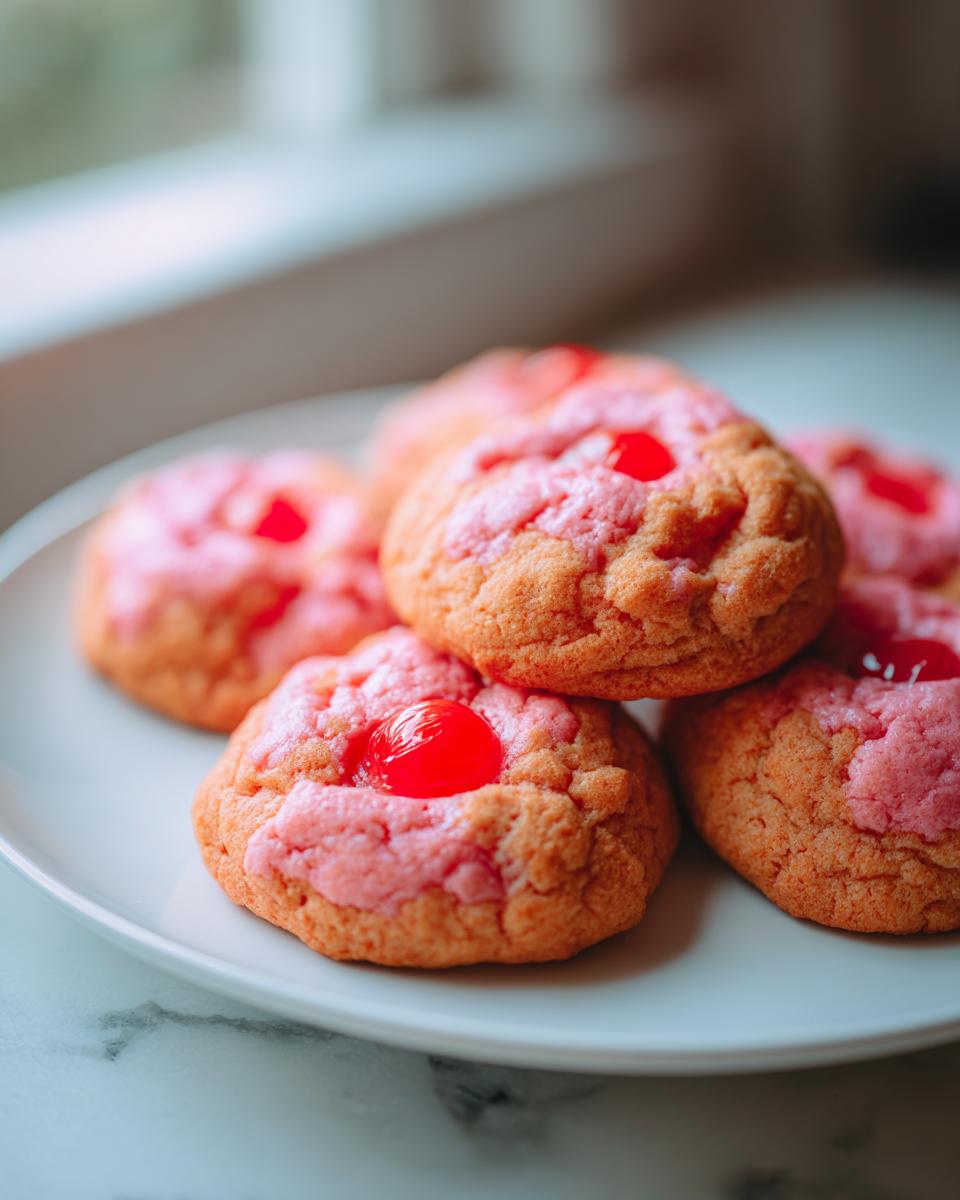Close-up of a plate of homemade Maraschino Cherry Cookies.